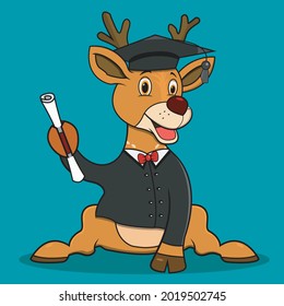 Deer Icon With Graduate Custom, Blue Colors Background, Mascot, Icon, Character or Logo, Vector and Illustration.