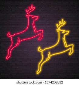 Deer Icon Neon Red and Yellow Light Glowing Vector Illustration