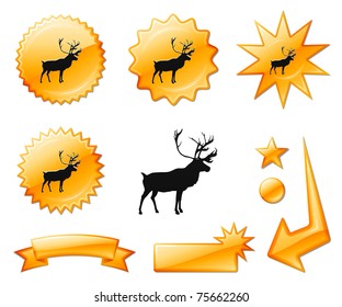 Deer Icon on Orange Burst Banners and Medals Original Vector Illustration
