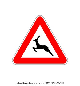 Deer icon on the triangle red and white road sign isolated on white