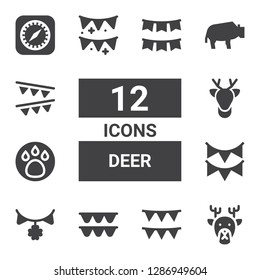 deer icon set. Collection of 12 filled deer icons included Deer, Garlands, Garland, Animal, Bison, Safari