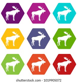 Deer icon set many color hexahedron isolated on white vector illustration