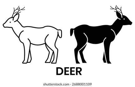 Vetor ícone de veado no fundo branco. Silhueta de veado e ilustração de arte de linha, conceito de design Ícone de veado. Ilustração vetorial.