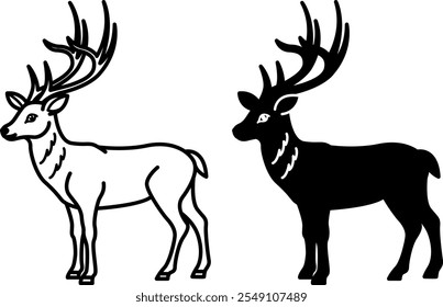 Deer Icons. Black and White Vector Illustrations. Mammal. Cute Deer with Antlers. For Coloring Book Design. Animal Concept