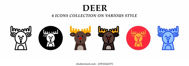 Deer icons collection. 6 Various styles. Lineal, solid black, flat, lineal color and gradient. For sign, symbol, presentation, infographic or web graphics. Vector Illustration.