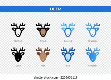 Deer icons in different style. Deer icons set. Holiday symbol. Different style icons set. Vector illustration