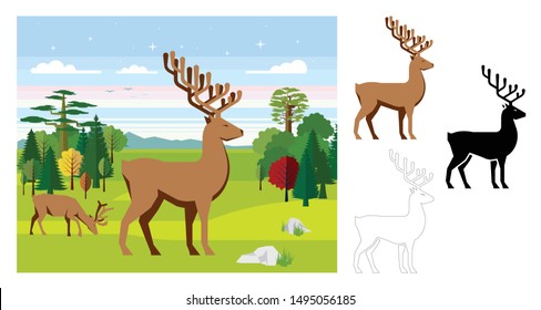 Deer icons. Flat vector illustration of deer. Decorative cute illustration for children. Graphic design elements for print and web.