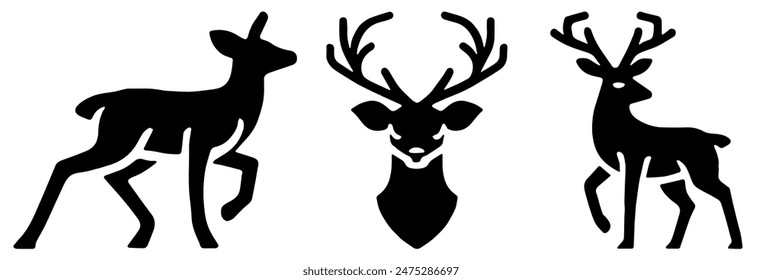 Deer Icons, Ideal for Wildlife and Nature Themes - Flat Vector Illustration