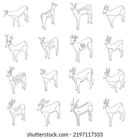 Deer icons set. Isometric set of deer vector icons outline thin lne isolated on white