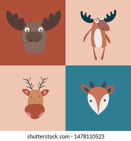 Deer Icons Set. In a Scandinavian cozy style. Vector illustration.