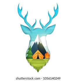 Deer illustration. Cartoon paper landscape. Tent, bonfire, fir mountain Vector eps 10