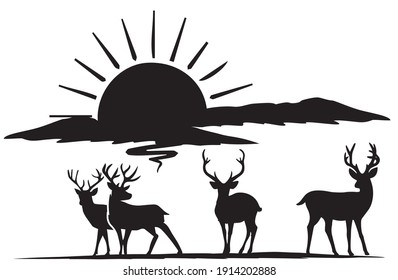 deer illustration clipart  decal sticker landscape silhouette black and white