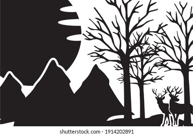 deer illustration clipart  decal sticker landscape silhouette black and white