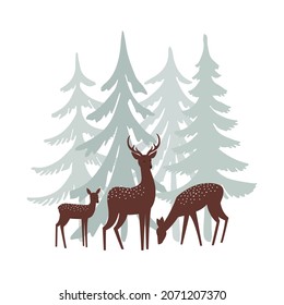 Ilustración de ciervos. La mano dibujó árboles de Navidad con fondo blanco. Siluetas de árbol de aves. Ilustración vectorial.