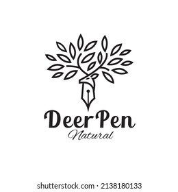 Deer illustration logo modern line style leaf antler pen symbol