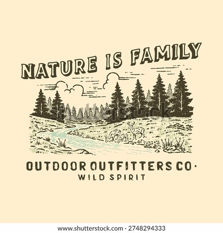 deer illustration river graphic forest design nature vintage drawing