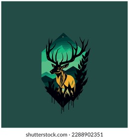 deer illustration vector image with sunset background