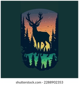 deer illustration vector image with sunset background