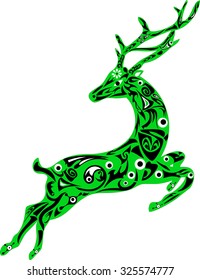 Deer illustration,  white flower, black curls, deer male, animal with drawing, animal deer, long horns, deer drawing