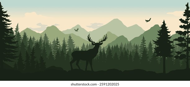 A deer with impressive antlers is silhouetted against a backdrop of layered mountains and dense evergreen trees. Soft light illuminates the tranquil scene during twilight.