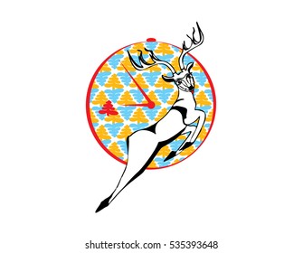 Deer  ( ink sketch technique), clock (vector technique),  and background in a pattern of yellow and blue Christmas trees.