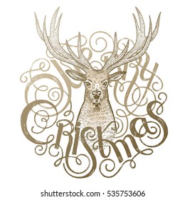 Deer and inscription Merry Christmas illustration. Festive decoration card. Animal symbol of the holiday. Print gold foil on a white background. Vector art. Style Vintage engraving. 