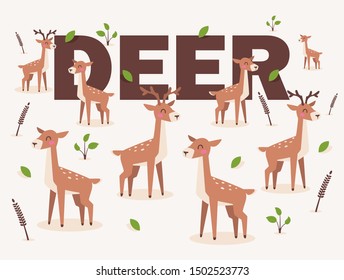 Deer isolated on white background, vector illustration in flat cartoon style. Cute spotted deer character for children decoration print. Pattern with young reindeer animals, happy and smiling