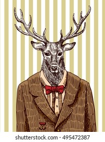 Deer  in jacket. Vector illustration for greeting card, poster, or print on clothes. Fashion Style drawing. Hipster.