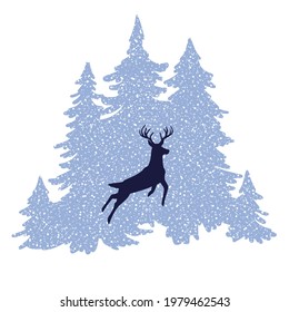 Deer jumping against the background of christmas trees, winter forest. Snowy weather, silhouette design, minimalistic scene. Vector christmas drawing illustration