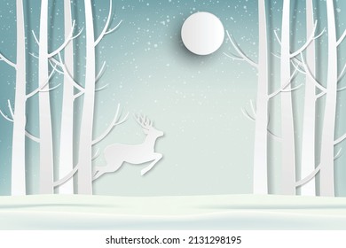 Deer jumping in the forest in the midst of the falling snow. vector paper art and digital craft style.