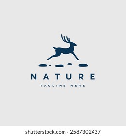 Deer jumping the nature stepping stones, crossing the river logo. Minimal deer symbol logo vector illustration template