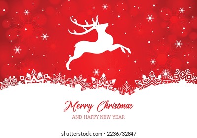 Venado saltando sobre nieve blanca. Fondo de Navidad roja con bokeh, copos de nieve y elemento de texto. Ilustración del vector EPS10.