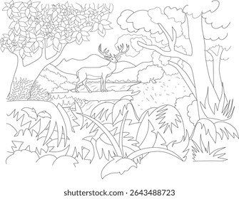 Deer in Jungle Line Art Illustration, Black and white outline drawing of a majestic deer with antlers standing in a lush jungle or forest landscape, perfect for coloring books, educational
