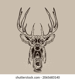 deer with kerosene lamp, graphics, sepia, line graphics, vector illustration
