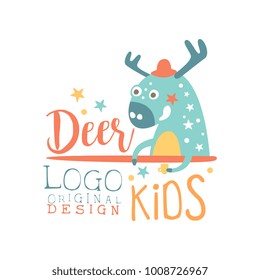 Deer kids logo original design, baby shop label, fashion print for kids wear, baby shower celebration, greeting, invitation card colorful hand drawn vector Illustration