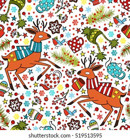 Deer in knit scarf. Knitted cap and mittens. Hot tea and tea cups. Stars, snowflakes and winter rowan twigs. Seamless vector pattern (background).