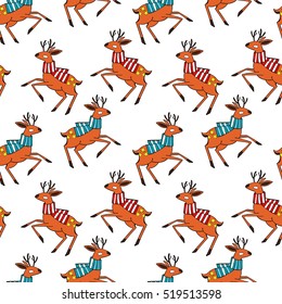Deer in knit scarf. Seamless vector pattern (background).