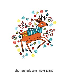 Deer in knit scarf. Stars, snowflakes and winter rowan twigs. Isolated vector object on white background.