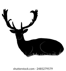 A deer with large antlers, a black silhouette, lies on a white background. Vector