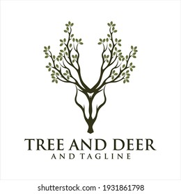 Deer leaf antlers logo design, Deer Tree Leaves Forest Logo Vector icon.
