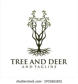 Deer leaf antlers logo design, Deer Tree Leaves Forest Logo Vector icon.