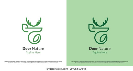 Deer leaf logo design illustration. Silhouette animal mascot deer nature leaf tree green plant antlers head. Simple icon symbol minimal minimalist creative abstract nature modern zoo elegant art.
