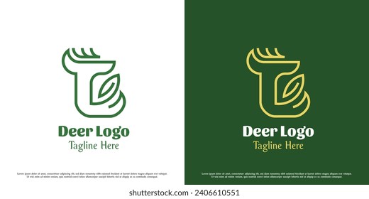 Deer leaf logo design illustration. Silhouette outline of animal zoo wild mountain antelope deer. Green fresh icon symbol flat simple minimal minimalist nature eco seed sprout tree modern hunter.