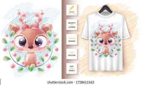Deer in leaf - poster and merchandising. Vector eps 10