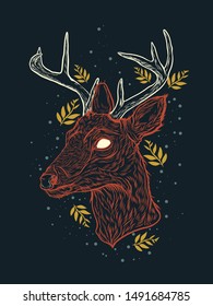Deer with leaves. Сolored vector illustration. Nursery scandinavian art.  
