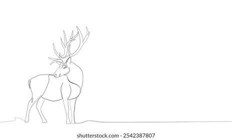 deer line art icon, Continuous one line drawing, Christmas or New Year decoration, Contour sketch of reindeer. Forest wild deer in single line, Christmas deer with one line minimalist abstract style