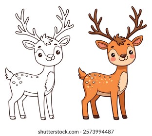 Deer Line Art Vector Illustration Black and White with Coloring Sample. Bold and Easy Frost and Wild Animal Coloring Pages for Adults and Kids.