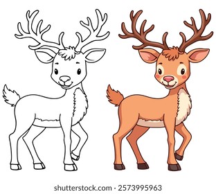 Deer Line Art Vector Illustration Black and White with Coloring Sample. Bold and Easy Frost and Wild Animal Coloring Pages for Adults and Kids.