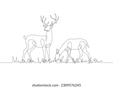 Deer linear icon. A pair of deer with grass in continuous line art drawing style. Continuous line drawing of deer with grass. Deer in abstract and minimalist linear icon. Vector illustration