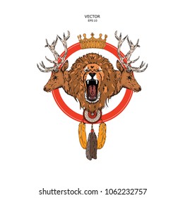 deer and lion with a crown. vector illustration